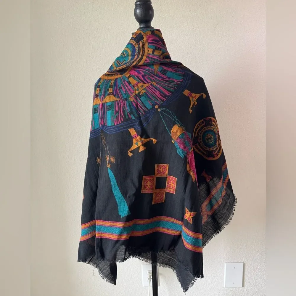 Henri Bendel Colorful Geometric Pattern 100% Wool Scarf Made‎ in Korea
